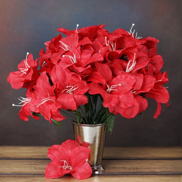 10 Bush 60 Pcs Red Artificial Silk Easter Lily Flowers, Vase Flowers, Silk Flowers, Flower Arrangement, Wedding Flowers Decoration