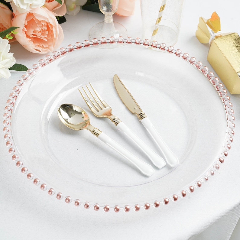 Set of 6 | 12inch Clear Acrylic Charger Plates with Rose Gold Beaded Rim, Plate Chargers, Round Charger Plates, Dining & Serving, Reception