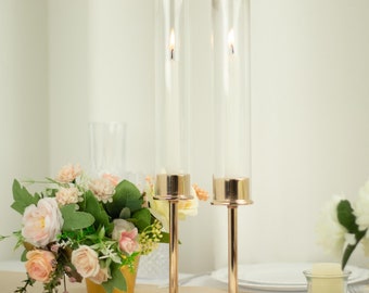 2 Pack | 16" Tall Gold Metal Clear Glass Taper Candlestick Holders, Hurricane Candle Stands With Glass Cylinder Chimney Candle Shades Decor