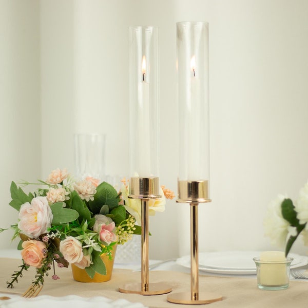 2 Pack | 16" Tall Gold Metal Clear Glass Taper Candlestick Holders, Hurricane Candle Stands With Glass Cylinder Chimney Candle Shades Decor