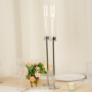2 Pack | 24&quot; Tall Silver Metal Clear Glass Taper Candlestick Holders, Hurricane Candle Stands With Glass Cylinder Chimney, Candle Shades