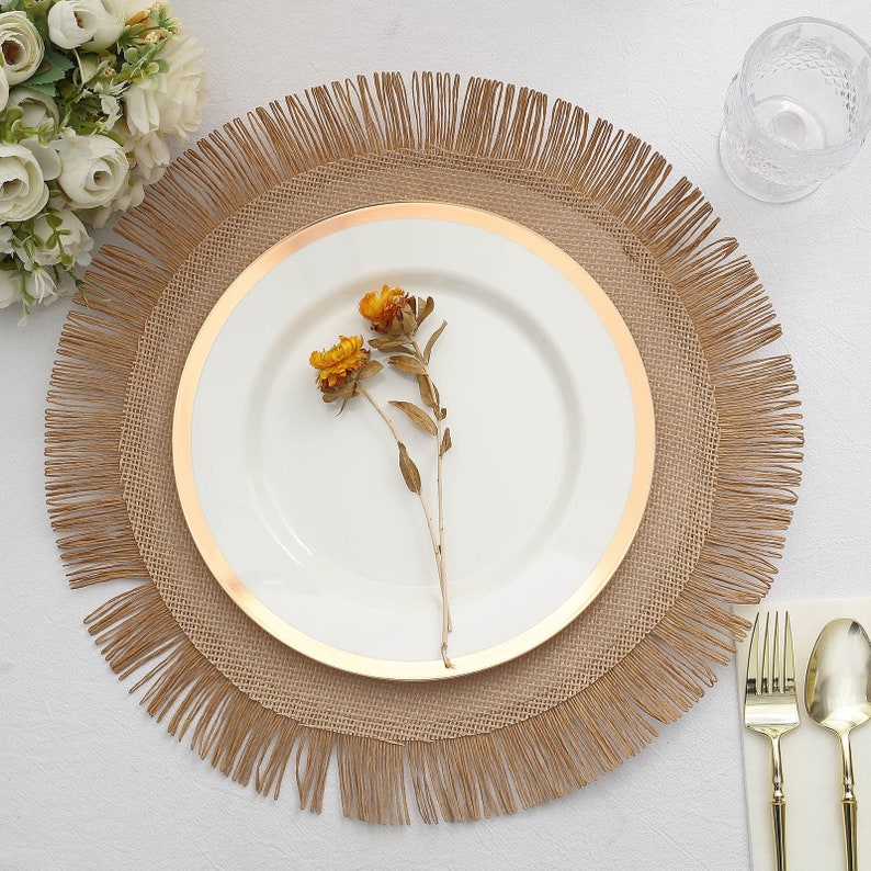 4 Pack | 16" Natural Jute Boho Chic Fringe Edge Table Placemats, Rustic Farmhouse Burlap Tassel Dining Table Mats