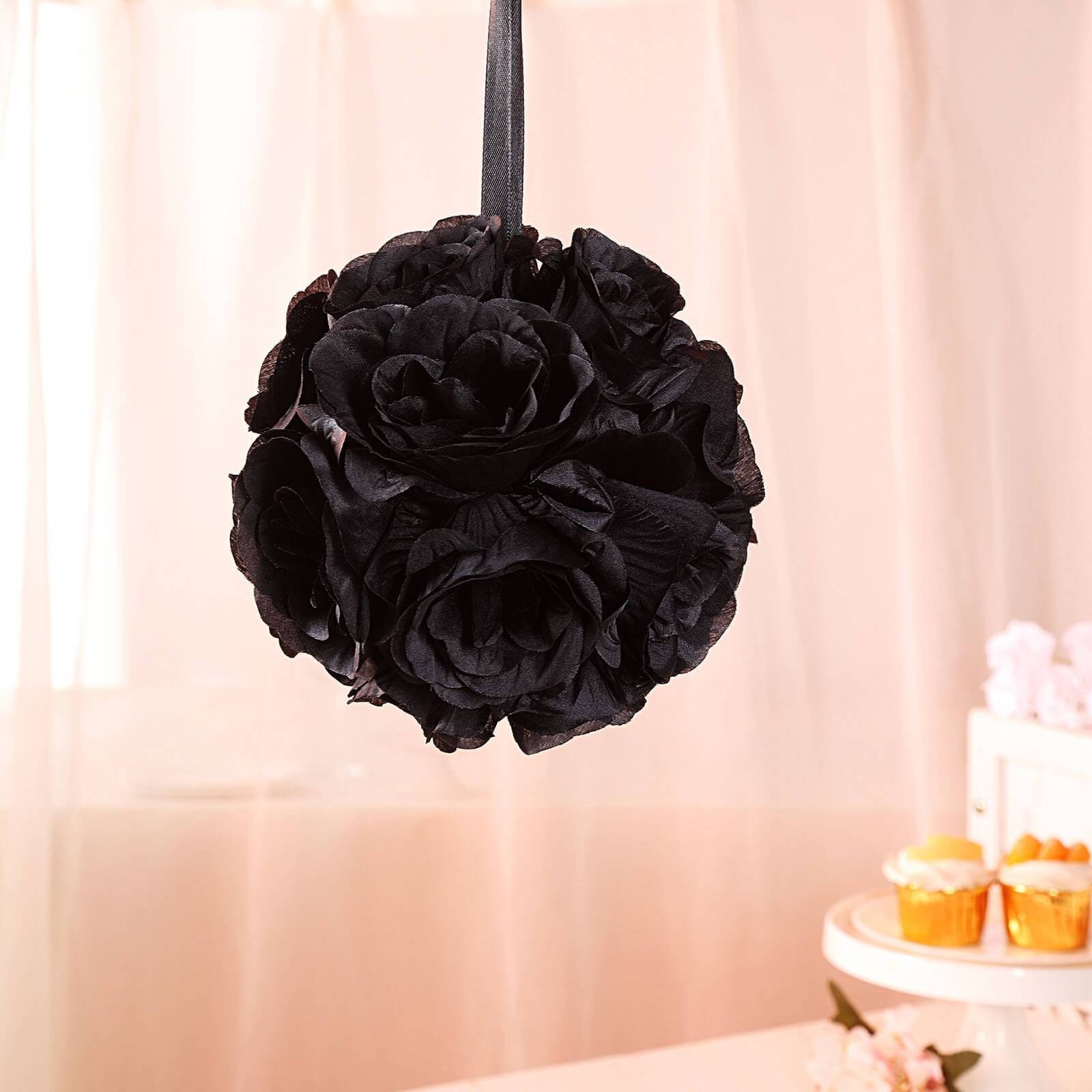 2 Pack | 7" Black Flower Ball, Rose Kissing Balls, Hanging Pomander, Flower Girl Bouquet, Silk Rose Ball, Wedding Centerpiece