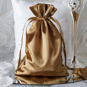 12 Pack | 6”x9” Antique Gold Satin Favor Bags, Drawstring Pouch, Wedding Party Favors, Gift Bags, Jewelry Bags, Drawstring Bulk Favor Bags
