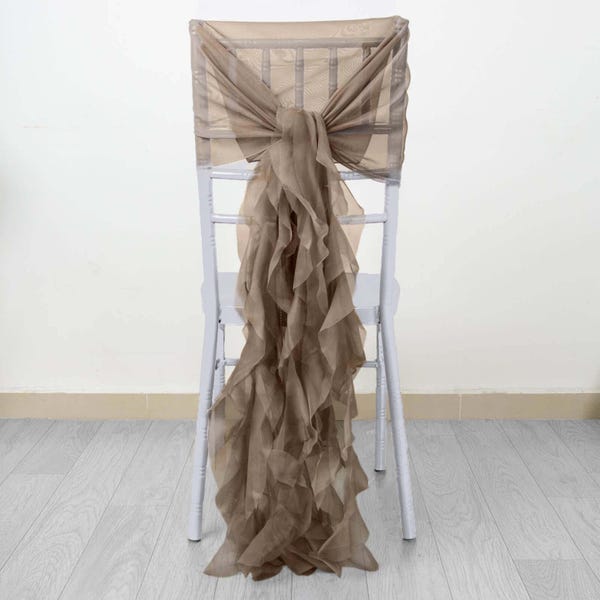 1 Set Chiffon Hoods Chair Sashes with Willow Ruffles Taupe - Graceful Decorative Accent