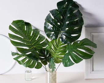 6 Stems Green Monstera Leaf Stem, Fake Tropical Plant Artificial Greenery, Tropical Leaves Wedding Home Decor Hawaiian Party - Assorted size