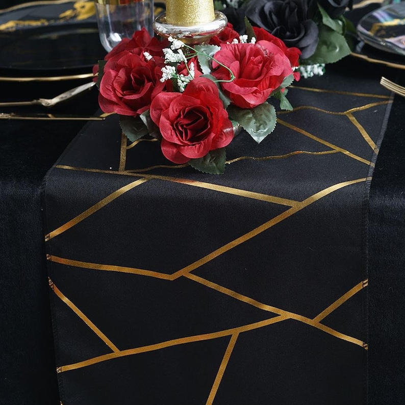 9ft Black Table Runner With Gold Foil Patterns Geometric Etsy