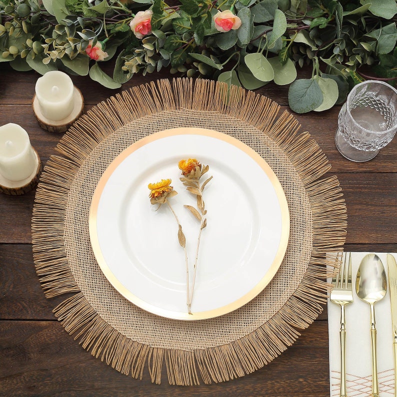 4 Pack | 16" Natural Jute Boho Chic Fringe Edge Table Placemats, Rustic Farmhouse Burlap Tassel Dining Table Mats