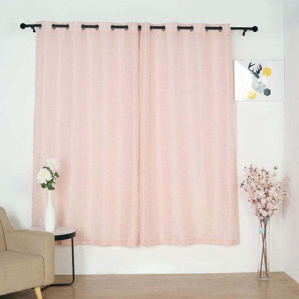 Set Of 2 | 52"x84"| Faux Linen Curtain Panels, Bedroom Curtains Window Treatment Door Window Curtains With Chrome Grommets - Blush/Rose Gold