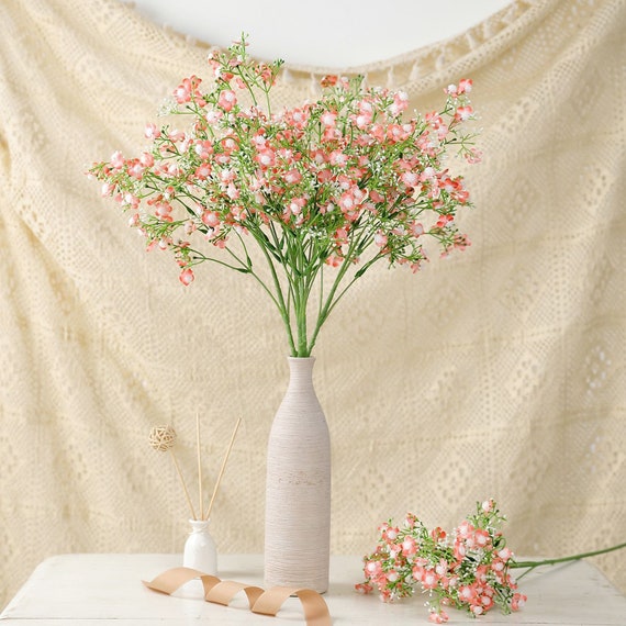 27 Coral Baby's Breath Artificial Flowers, Gypsophila Silk Flower Stem,  Vase Flower Crown, Corsage, Wedding Flowers 4 Stems 