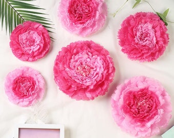 Pack of 6 | Pink/Fuchsia | Multi-size Carnation 3D Giant Paper Flowers | Paper Flower Backdrops Wedding Wall | 7”/9”/11”