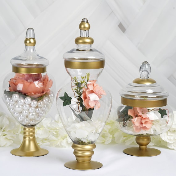 Glass Apothecary Jars with Lids - Set of 3 - Bathroom Storage