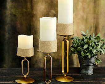 Set of 3 | Gold Metal Geometric Oval Design Pillar Candle Holder Stands, Candle Centerpieces - Assorted Sizes