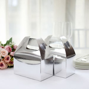 25 Pack | Metallic Silver Party Favor Boxes, Gift Tote Boxes, Gable Boxes, Favor Bags, Candy Boxes, Treat Boxes, Party Supplies - 6&quot;X3.5&quot;X7&quot;
