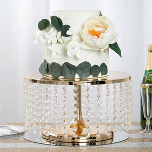 14" Dia 8" Tall Gold Cake Stand w/ Acrylic Crystal Chains, Metal Cake Stand Riser, Round Display Stand for Cake, Food Display, Cupcake Stand