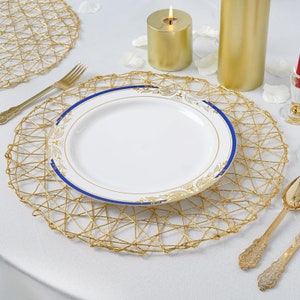 6 Pack | 15" Gold Metallic String Woven Placemats, Round Table Placemats, Dining Table Placemats, Woven Plate Chargers, Wedding Placemats