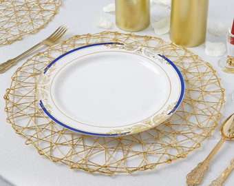 6 Pack | 15" Gold Metallic String Woven Placemats, Round Table Placemats, Dining Table Placemats, Woven Plate Chargers, Wedding Placemats