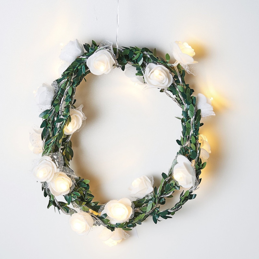 9ft Artificial Rose Flower Fairy Lights, Flower Garland Lights, Green