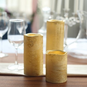 Metallic Gold Flameless Pillar Candles, Candle Pillars with Remote Timer for Table Decor, Home Decor, Candle Gift, Party Favors - 3 Pack