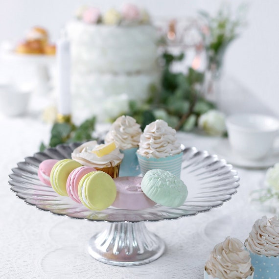Round Pedestal Glass Cake Stand Cupcake Holder Dessert Display Footed Glass Cake Plate 12 Diameter Wavy Edge Silver Etsy