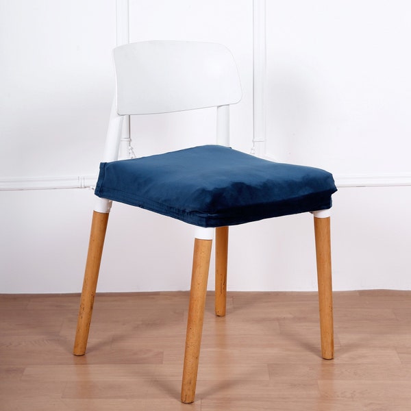 Stretch Dining Chair Seat Cover, Chair Pad Cover, Velvet Chair Cushion Protector With Tie - Navy Blue