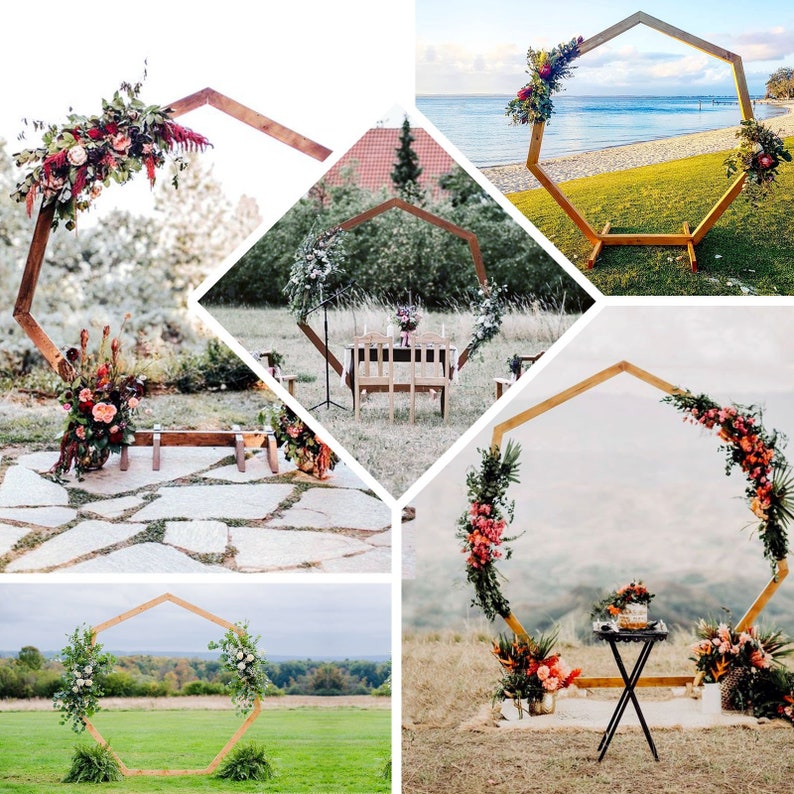7FT Wooden Wedding Arch Heptagonal Garden Arbor, Rustic Backdrop Stand For Photo Booth, Boho Wedding Arch - Natural