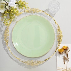 10 Pack | 10&quot; Glossy Sage Green Round Plastic Dinner Plates With Gold Rim, Disposable Party Plates, Decorative Plates, Modern Dinnerware