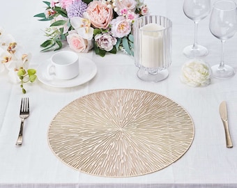 15" Round Vinyl Placemats, Spiked Design Dining Table Mats, Wedding Placemats, Vinyl Lace Doilies, Plastic Charger Plates - 6 Pack | Gold
