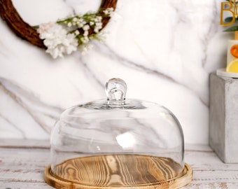 12" Glass Cake Stand, Cake Display, Cloche Bell Jar, Display Dome with Wooden Base, Cheese Tray, Glass Cloche Dome