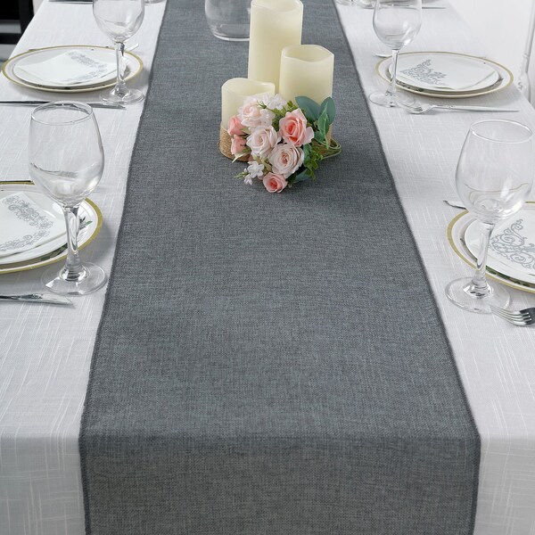 14"x108" - Charcoal Gray Boho Chic Rustic Table Runner, Faux Linen Table Runner, Jute Burlap Runner For Table Decor