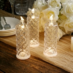 3 Pack | 6&quot; Warm White LED Rose Halo Battery Operated Candle Lamps, Acrylic Diamond Pillar Flameless Candle Light, Table Centerpiece Decor