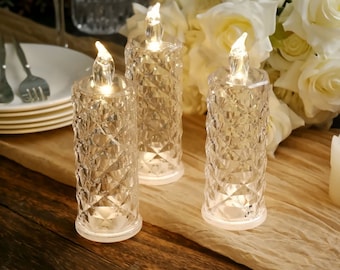 3 Pack | 6" Warm White LED Rose Halo Battery Operated Candle Lamps, Acrylic Diamond Pillar Flameless Candle Light, Table Centerpiece Decor