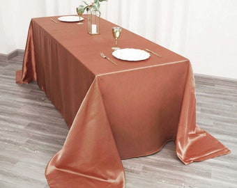 90"x132" Rectangular Seamless Satin Tablecloth, Terracotta Wedding Tablecloth