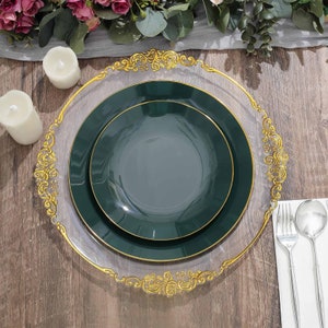 10 Pack | 10&quot; Glossy Hunter Emerald Green Round Plastic Dinner Plates With Gold Rim, Disposable Party Plates, Modern Dinnerware