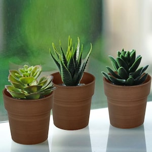May include: Three artificial succulent plants in brown pots. The plants are different varieties of succulents, with green leaves and a variety of textures.