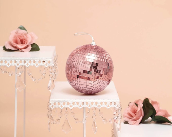 6 Pack 2" Blush Rose Gold Mini Disco Ball Ornaments, Mirror Foam Ball with Hanging String, Reflection Ball For Holiday, Wedding, Party Decor