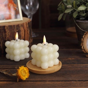 2 Pack | 2&quot; Ivory Flameless Decorative Bubble Candles, Warm White LED, Cube Candles, Flickering Battery Operated LED, Home Decor Gifts