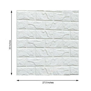 May include: A square white wall panel featuring a textured faux brick pattern. The panel is marked with dimension arrows indicating a height of 30 inches and a width of 27.5 inches, showing the physical scale of the rectangular brick design.