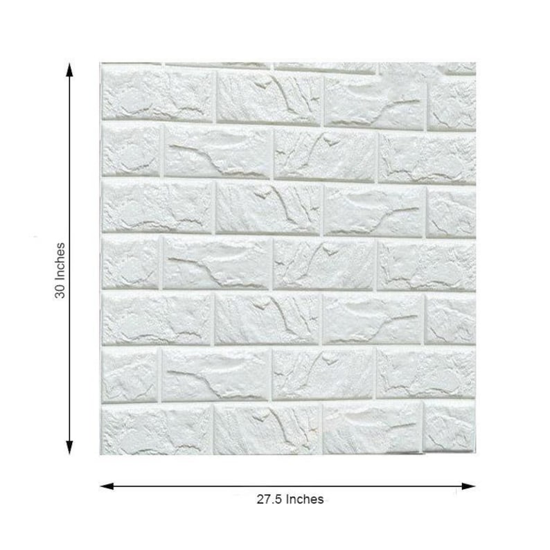 May include: A square white wall panel featuring a textured faux brick pattern. The panel is marked with dimension arrows indicating a height of 30 inches and a width of 27.5 inches, showing the physical scale of the rectangular brick design.