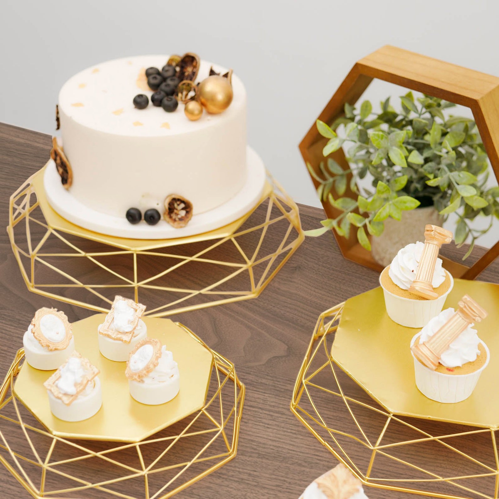 Gold Geometric Cake Stand Set, Cake Riser, REVERSIBLE Dessert Display ...
