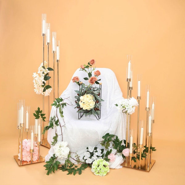 57" | 12 Arms Gold Cluster Candle Holder With 12 Glass Shades, Large Candle Arrangement, Metal Candle Holder, Wedding Centerpiece