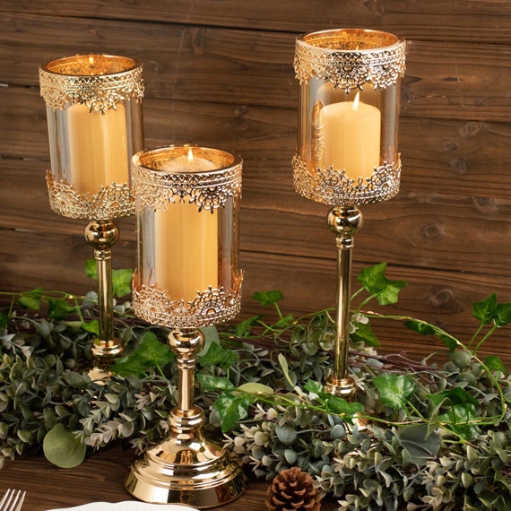 Set of 3 Antique Gold Metal Votive Candle Holders Hurricane Glass