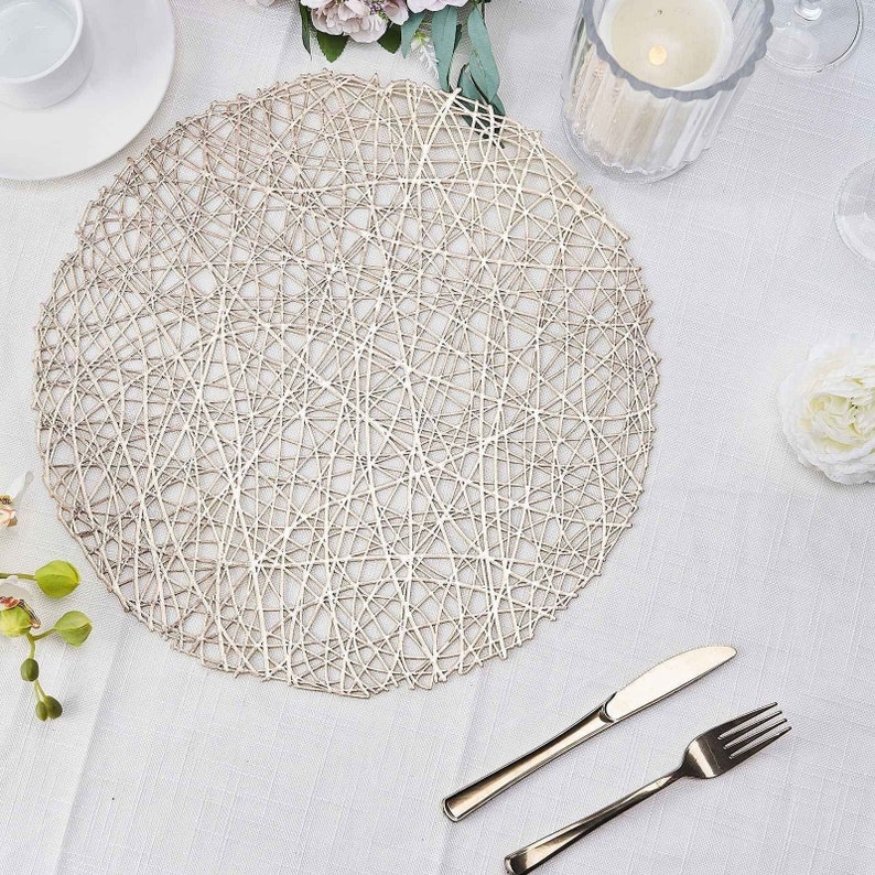 6 Pack | Metallic Champagne Woven Vinyl Placemats, Round Table Placemats, Non-Slip Table Mats For Dining, Coffee, Table Decor - 15inch