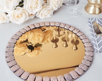 2 Pack | 13" Bronze Mirror Glass Charger Plates with Glitter Jeweled Rim