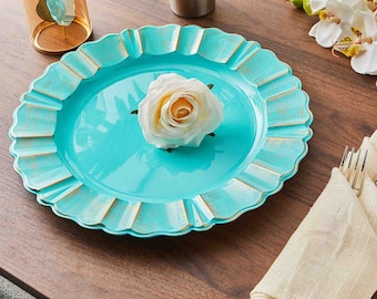 6 Pack - 13" Turquoise Southwestern Style Plastic Charger Plates With Gold Brushed Waved Scalloped Rim - Round