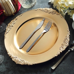 Set of 6 | 13" Gold Baroque Plastic Charger Plates with Leaf Embossed Rim, Plate Chargers, Round Charger Plates, Dining & Serving