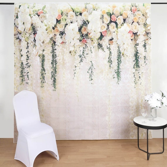 8FTx8FT | Hanging Flower Vinyl Party Backdrop, Flower Theme Photography Background, Floral Party Banner - White