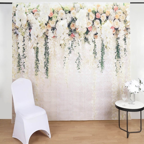 8FTx8FT | Hanging Flower Vinyl Party Backdrop, Flower Theme Photography Background, Floral Party Banner - White