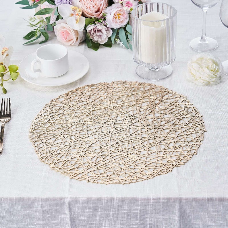 6 Pack | Metallic Champagne Woven Vinyl Placemats, Round Table Placemats, Non-Slip Table Mats For Dining, Coffee, Table Decor - 15inch