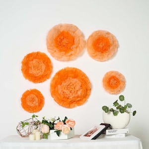 May include: Six peach-colored tissue paper pom-poms of varying sizes, hanging on a white wall. The pom-poms are arranged in a staggered pattern, with the largest pom-pom in the center.